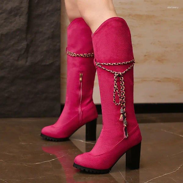 Botlar Büyük Boyut 33-50 Gül Bej Diz-En İyi Batı Bohem Kadınlar Önyükleme Blok Blok Yüksek Topuklu Ayakkabı Çapraz Bağlanmış Saçaklarla