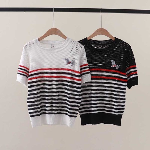 2024 Estate Nuovo TB Contrast Stripe Hollow Petto Cane Patch Manica Corta di Seta del Ghiaccio Lavorata a Maglia Top T-Shirt per Le Donne