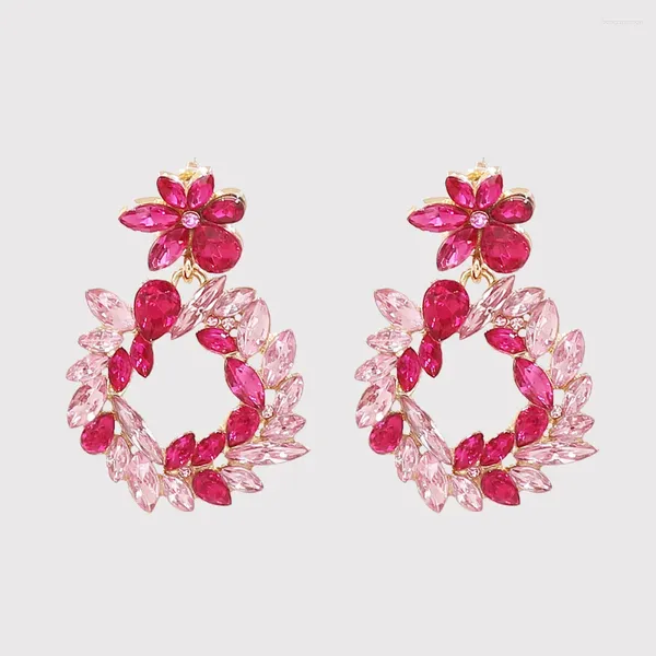 Orecchini pendenti Goccia di fiori di cristallo rosa fucsia per donna Gioielli di moda coreani Accessori di eleganza da sposa