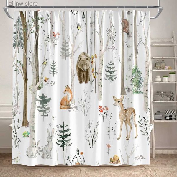 Tende da doccia Animali della foresta Tende da doccia Orso bruno Volpe Cervo Coniglio Uccelli Pianta Moderna Tenda da bagno Tessuto Decorazione del bagno con ganci Y240316