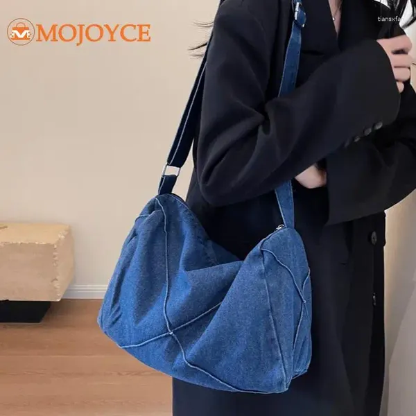 Omuz çantaları kadın denim vintage düz renkli messenger çanta bayanlar büyük kapasite çapraz gövde ayarlanabilir kayış retro askı