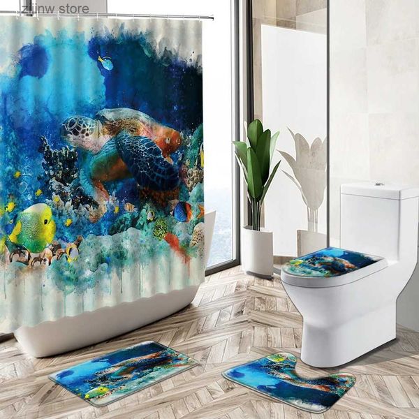 Tende da doccia Tartaruga marina Tenda da doccia Set Pesci tropicali Animale Oceano Mondo Tema Decorazioni per la casa Tappetino da bagno Copriwater Flanella Tappeto da bagno Y240316