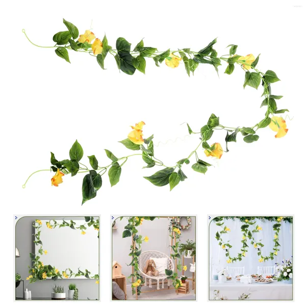 Flores decorativas amarelas videira artificial manhã glória videiras flor guirlanda para pano de fundo guirlandas decoração com pingente de casa pendurado na parede