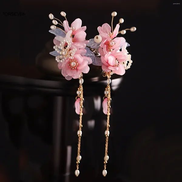 Fermagli per capelli Forcine per fiori rosa Copricapo floreale in stile cinese antico Perle Fermagli per capelli Abito Hanfu da donna Gioielli a farfalla