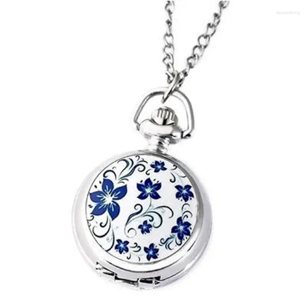 Orologi da tasca Coppia modelli Classico orologio al quarzo retrò moda piccolo fiore di loto argento blu