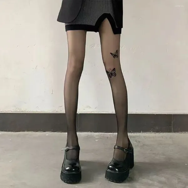 Mulheres meias finas meias de impressão finas de impressão de borboleta moderna elástica lolita meias leggings preto seda sexy calcinha senhora