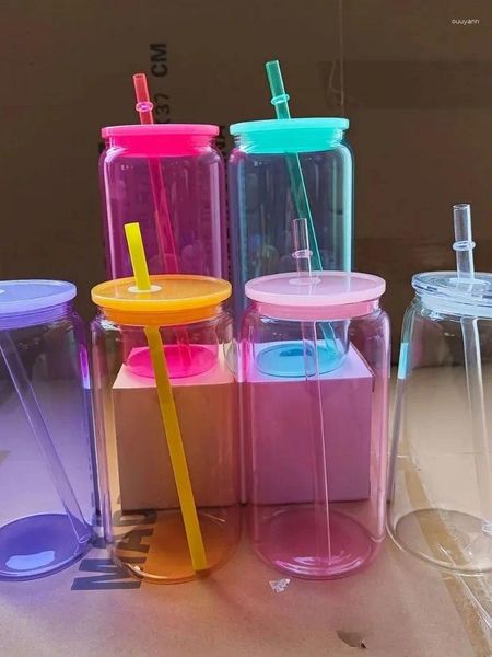 Weingläser 16OZ Jelly Cup Körper farbiger Deckel Hitzesublimiertes Glas Cola mit einschichtigem Saft