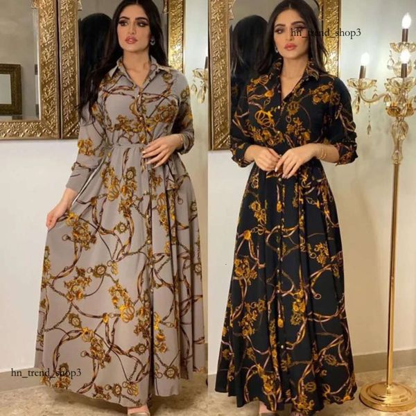 Sıradan Elbiseler Moda Fransızca Zarif Kadınlar Yaz Retro Baskı Müslüman Dubai Abaya Yakası Tek Bravatalı Uzun Kollu Gömlek 427