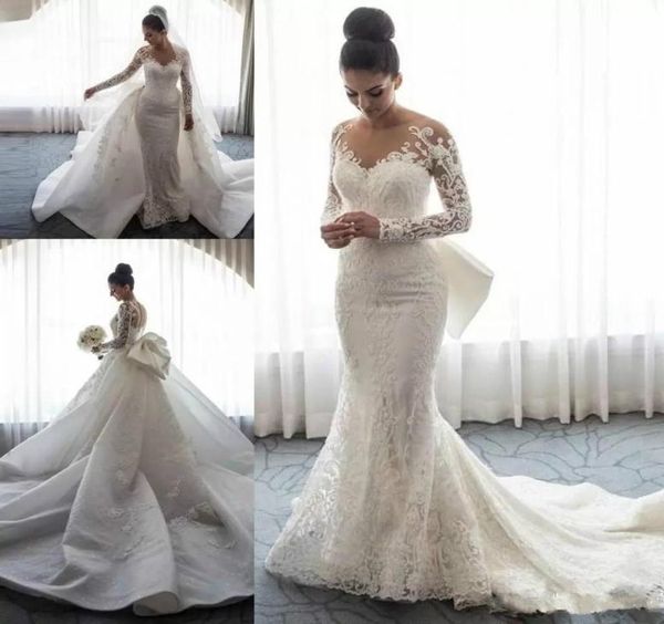 Steven Khalil 2018 Çıkarılabilir Tren Denizkızı Gelinlik Big Bow Dantel Çiçek Uzun Kollu Kilise Tren Bahçesi Gelinlik 5142570