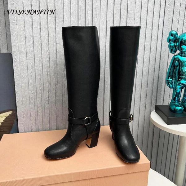 Botas de couro genuíno meio redondo dedo do pé robusto salto alto fivela cinta decoração moda preto bege elegante botas longas todos os jogos bota