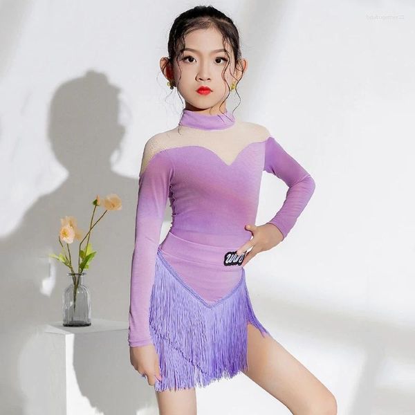 Сценическая одежда 2024, детские праздничные костюмы для латинских танцев, платье с бахромой для девочек, фиолетовая одежда для выступлений, SL9505