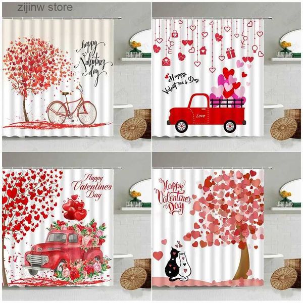 Duschvorhänge, Valentinstag-Duschvorhänge, roter LKW, Rosen, Blumen, Herz, Baum, romantische Liebhaber, Geschenk, Stoff, Badezimmer-Dekor, Badvorhang-Sets Y240316