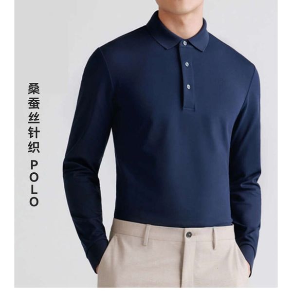 Camisa polo de manga comprida de seda amoreira para homens leves maduros viajantes primavera e outono cor sólida camiseta com gola polo
