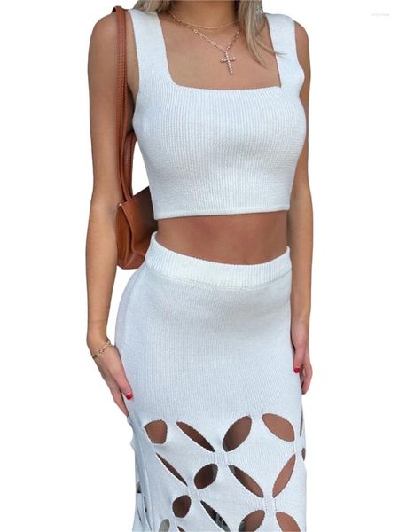 Mulheres Swimwear Mulheres Crochet Knit 2 Pcs Outfits Set Manga Curta Cardigan Botão Crop Tops Cintura Alta Bodycon Midi Saia Y2K Cover Up