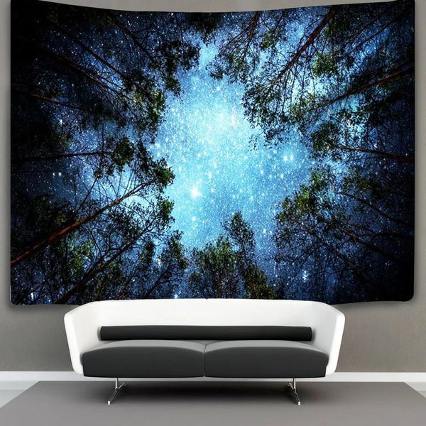 Floresta estrelada tapeçaria 3d céu noturno parede pendurado galáxia árvores tapeçarias para quarto sala de estar dormitório decoração parede cobertor pano 240304