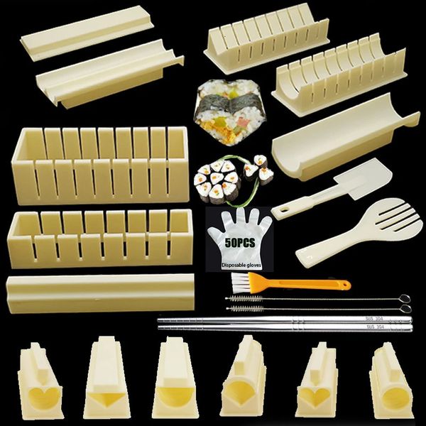 11-teiliges Set HeartRoundSquare Sushi-Werkzeuge Reisform Japanische Kugel-Kuchenform-Hersteller-Pinsel 50-teilige HandschuheEssstäbchen 240304