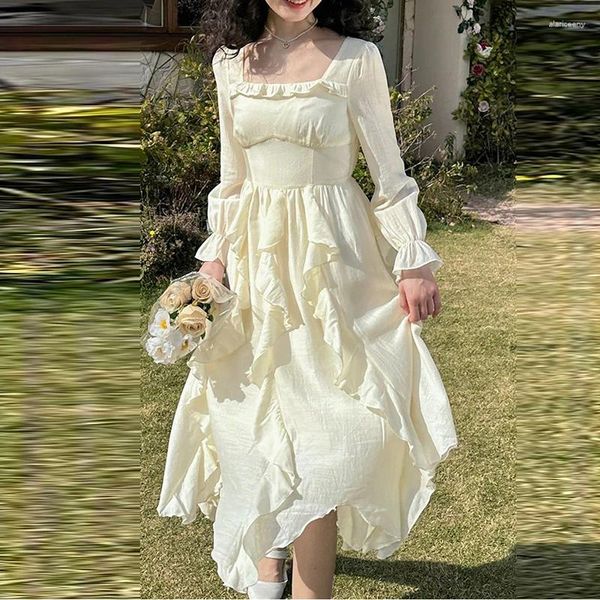 Повседневные платья, белое шифоновое платье А-силуэта во французском стиле, весна-лето, мода 2024, элегантное платье с квадратным воротником и длинными рукавами для женщин