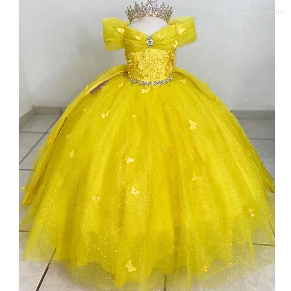 Abiti da ragazza Giallo lucido Fiore Ragazze Abito con spalle scoperte Principessa Tull Abito da ballo Applique Cristalli Fiocco Prima comunione Poshoot