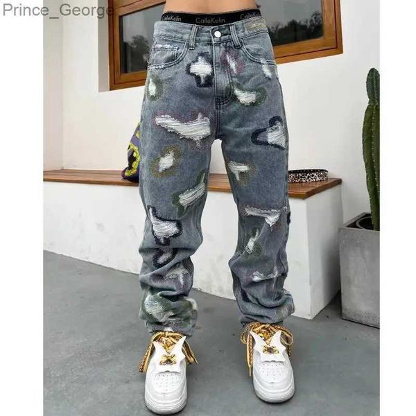 Jeans da uomo Americano industria pesante splicing coltello fori tagliati erosione patch jeans high street hip-hop pantaloni larghi dritti micro svasatiL2403