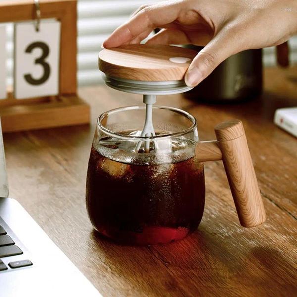 Bicchieri da vino Tazza con agitazione automatica da 400 ml Tazza portatile a batteria con manico in legno Tazza da viaggio elettrica con miscelazione automatica per caffè, latte in polvere