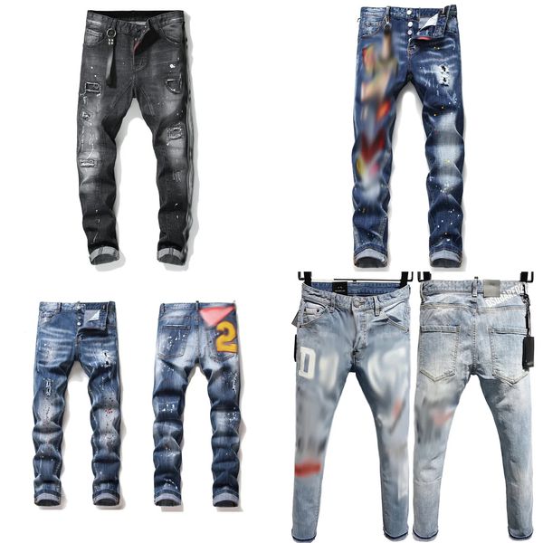 Herren-Denim-Jeans – blau-schwarzes zerrissenes Design, schmale Passform, italienisch inspirierter Stil, perfekt für Fahrrad- und Motorradfahrer, Hose im rockigen Stil