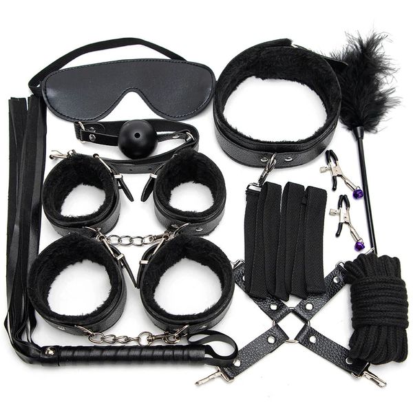 Kits de couro sexy de pelúcia sexo bondage conjunto algemas jogos sexuais chicote mordaça mamilo grampos brinquedos sexuais para casais acessórios exóticos 240312