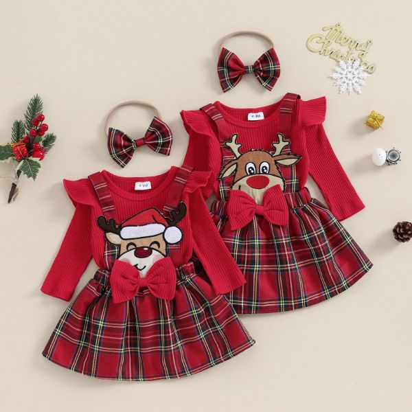 Abiti mababy 018M Natale Neonato Bambino Neonata Copre Set Pagliaccetto in maglia Cervo Mucca Plaid Gonne Outfit Costumi di Natale D05