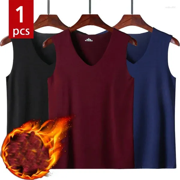 Tanques masculinos 1 pcs inverno roupa interior térmica homens camisa muscular v-pescoço undershirts base sólida quente sem costura sem mangas adicionar veludo interior