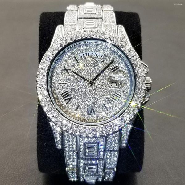 Relógio de pulso de diamante de moissanite luxuoso masculino, data, quartzo, relógio de pulso prateado masculino