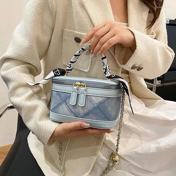 Sacos da noite 2024 mini caixa pu couro crossbody saco com lenços para mulheres moda kawaii totes corrente bolsa de ombro e