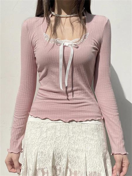 Damen-T-Shirts, rosa Crop-Tops, Damen-Frühlings-Langarm-T-Shirt, weiblich, koreanische Spitze, dünnes Hemd, Damen, niedliche Schleife, T-Shirts, Y2K-Ropa