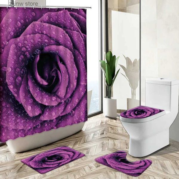 Cortinas de chuveiro 3D Rose Banheiro Cortina Conjunto Natureza Flores Criativas Água Floral À Prova D 'Água Cortinas de Chuveiro Toalete Tapete Tapete de Banho Antiderrapante Y240316