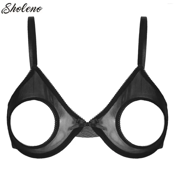 Sutiãs mulheres oco para fora copos abertos sutiã tops sheer malha peito cupless sutiã underwired mamilos expostos lingerie roupa interior