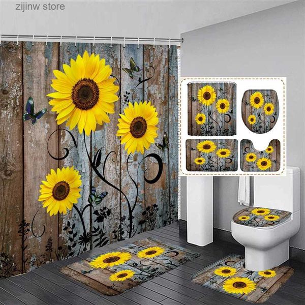 Tende da doccia Rustico Girasole Tenda da doccia Set Farfalla Tavola di legno vintage Fiori gialli Arredamento bagno Tappeto Tappetini da bagno Coperchio coperchio WC Y240316