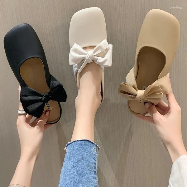 Hausschuhe Band Schleife Flip-Flops Frauen Quadratische Zehe Bowtie Sandalen Größe 40 Schwarz Beige Leder Plissee Slides Chaussures Femme Sommer AC692