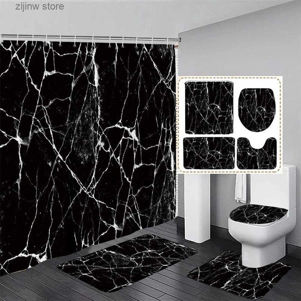 Tende da doccia Tenda da doccia in marmo bianco nero Set Arte astratta Modello strutturato Arredamento bagno moderno Tappeto antiscivolo Tappetino da bagno Coperchio coperchio WC Y240316