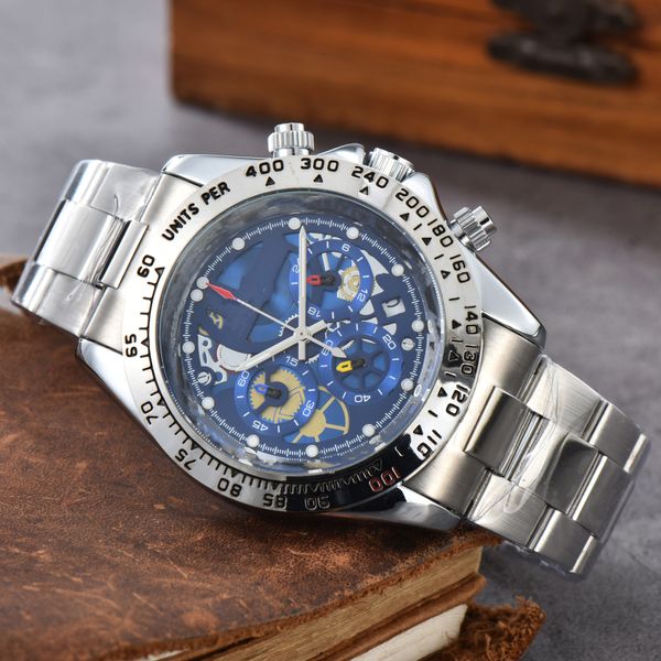 Men Designer de luxo Quartz automático assistir Tachymetre Mens Auto 6 Hands Hands Fase Fase Watches Leather Steel Bandswatch R5498