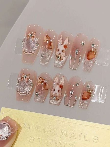 Imprensa de caixão longo rosa destacável nas unhas Cobertura completa Unhas falsas Wearable Strass Gradiant Ballerina Design Unhas falsas Prensa artesanal nas unhas