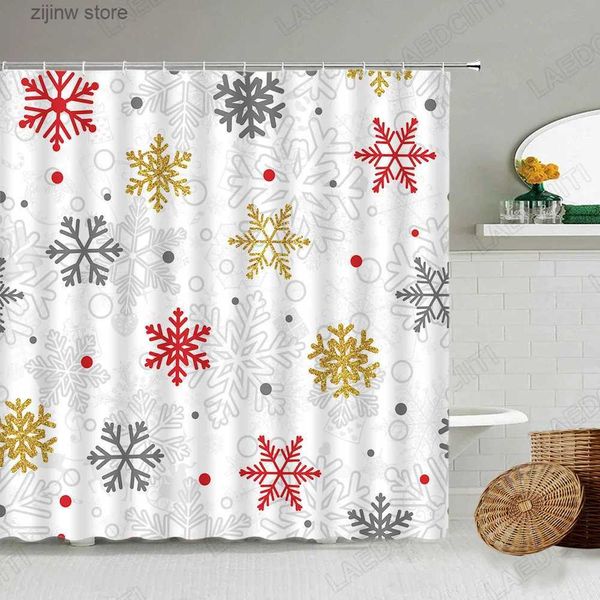 Cortinas de chuveiro Cortinas de chuveiro de Natal Criativo Vermelho Cinza Ouro Floco de Neve Padrão Arte Ano Novo Xmas Home Tecido Decoração de banheiro Conjunto de cortina de banho Y240316