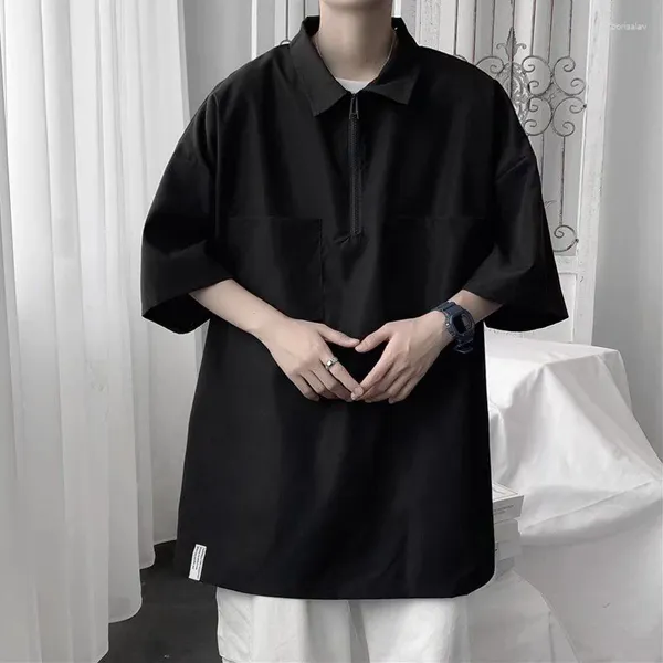 T-shirt da uomo tinta unita 2024 casual estate uomo cerniera polo camicia a maniche corte moda coreana Harajuku oversize nero vintage top streetwear