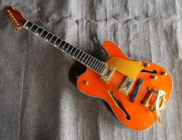 Gitar en kaliteli qshelly özel turuncu tl içi boş gövde f deliği abanoz klavye altın köprü elektro gitar müzik alet dükkanı