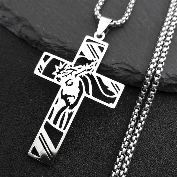 Christus Gott Kreuz Jesus Dornenkrone Kette Halskette Männer 14K Weißgold Kruzifix Halskette Schmuck colar masculino