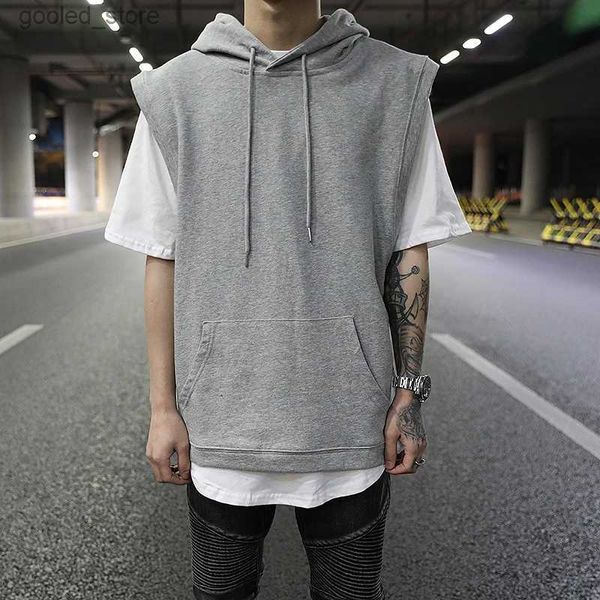 T-shirt da uomo Stile europeo e americano high street classico OVERSIZE tinta unita senza maniche con cappuccio hip-hop street maglione con maniche in corno trendy Q240316