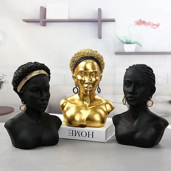 Esculturas de arte africana criativa senhora africana busto preto estátua americana resina artesanato ornamentos de mesa moderna decoração de casa 240307