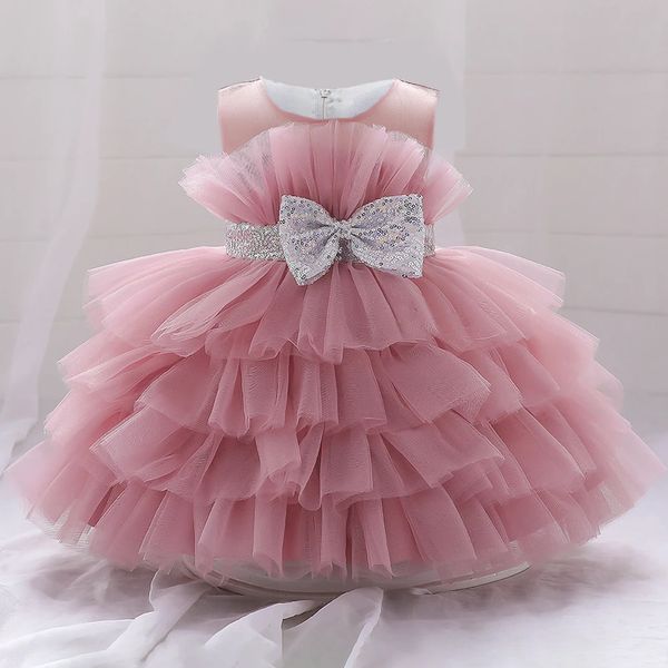 Abiti da festa di nozze rosa soffici per bambini per bambini 28 anni Fiocco di paillettes Tulle Battesimo Compleanno Principessa Vestire pizzo estate 240311