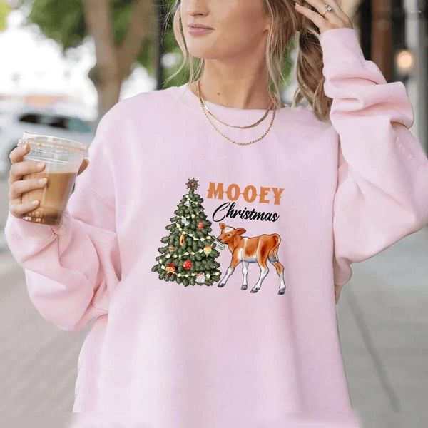 Damen Hoodies Mooey Alphabet Grafik Sweatshirt Y2K Western Christmas Cow Hoodie Lässige Langarm Rundhals Tops Damenbekleidung