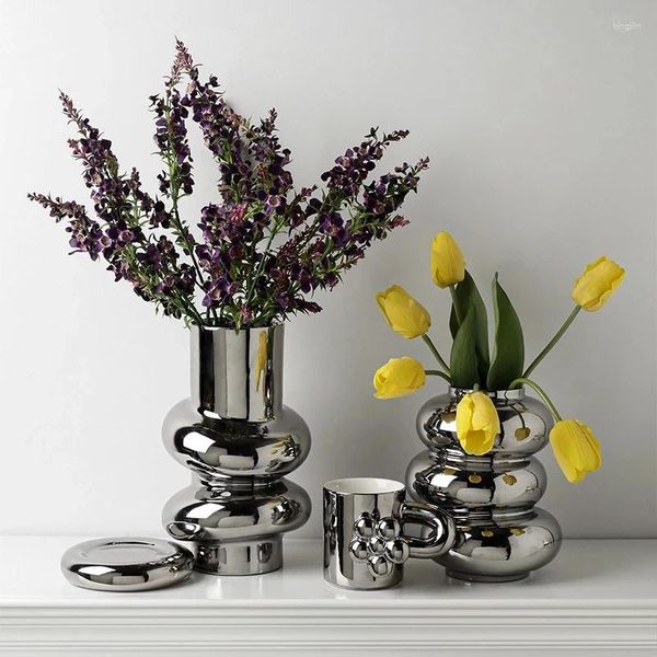 Vasen Große Überzug Silber Keramik Blumenvase Nordische Dekoration Zuhause Wohnzimmer Tisch Moderne Büro Hochzeit Pflanze