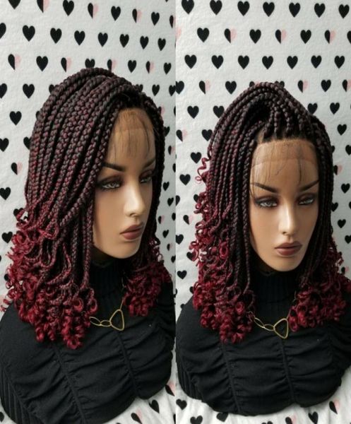 Ombre vermelho caixa curta tranças peruca com pontas encaracoladas sintéticas totalmente artesanal trançado perucas dianteiras do laço para preto women8862699