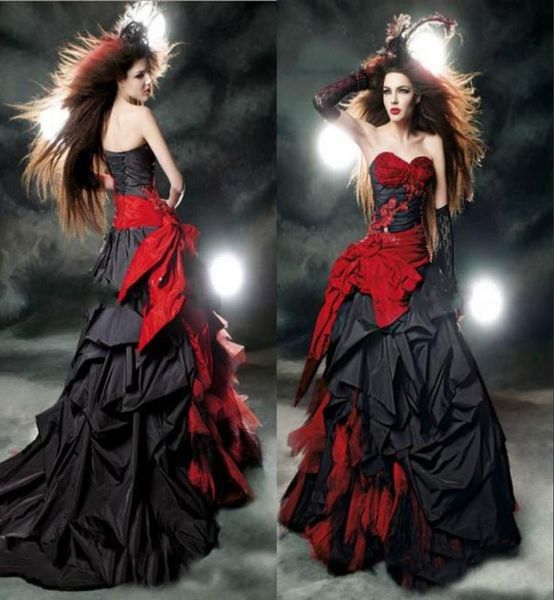 2018 preto gótico e vermelho uma linha brufles vestidos de noiva sweetheart karlenseset espartilho modesto vestidos de noiva tafeta arco de volta 6848312