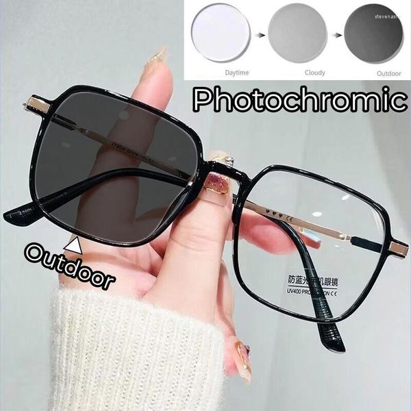 Occhiali da sole Pochromic Occhiali da lettura anti-luce blu Donna Montatura grande Ipermetropia che cambia colore Ultra unisex